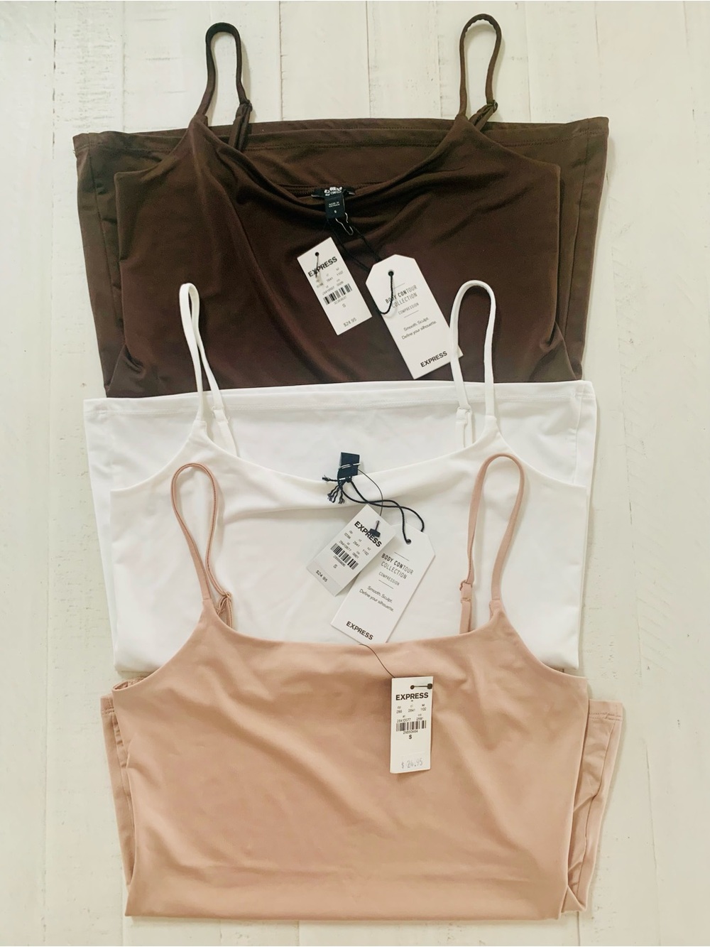 Express Three-Pack Seamless Body Contour Cami Tops in Brown, White & Nude